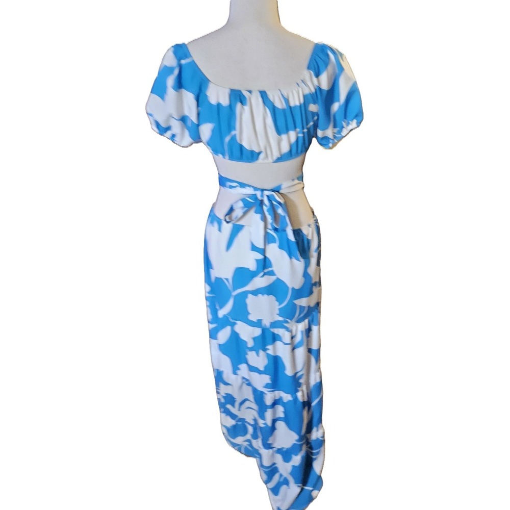 Women Blue White Floral Off The Shoulder Cutout Maxi Dress Tiered Skirt SZ S